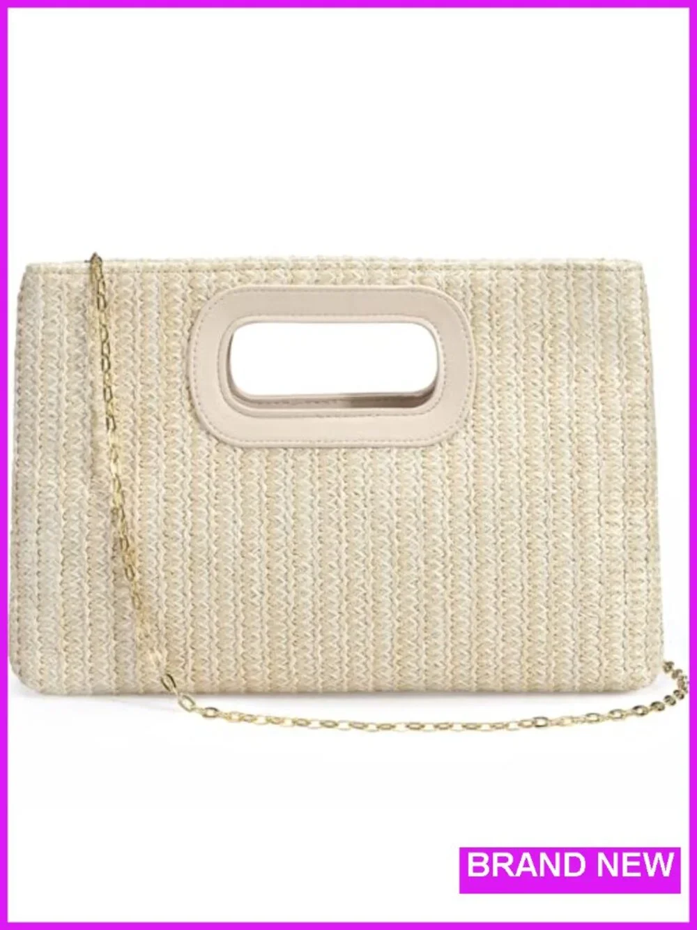 Faux Straw Woven Clutch Purse with Detachable Chain Strap for Beach Wedding